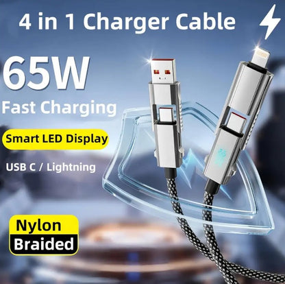 4 in 1 LED Display Multi Charger Cable - Dual USB C/USB A/Lightning Fast Charging Cable - 65W_0