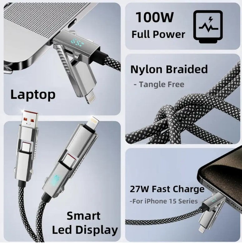 4 in 1 LED Display Multi Charger Cable - Dual USB C/USB A/Lightning Fast Charging Cable - 65W_1